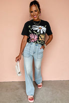 Black Casual Retro Floral Graphic Crew Neck T Shirt Graphic Tees ae019b60c00dcf68