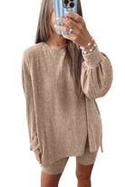 Dark Khaki Ribbed Balloon Sleeve Pullover Top and Biker Knitted Shorts Set Two Piece Shorts Sets ae15d36560670c62