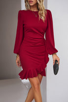 Red Dahlia Solid Color Puff Sleeve Ruffle Mini Dress Short Dresses ae709f48edb013c8