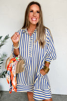 Blue Striped Collared Half Button Side Pockets Loose Fit Mini Dress Short Dresses ae7e9de64cfc8d35