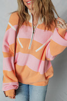 Orange Stripe Half Zip Collar Loose Sweater Sweaters ae9522f5569e923c