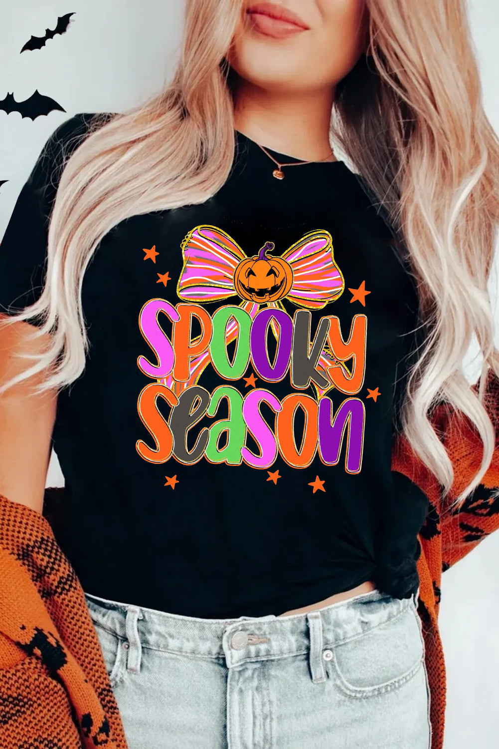 Black SPOOKY SEASON Halloween Pumpkin Bow Heat Transfer Printing T Shirt Graphic Tees aeb6bd1248689642