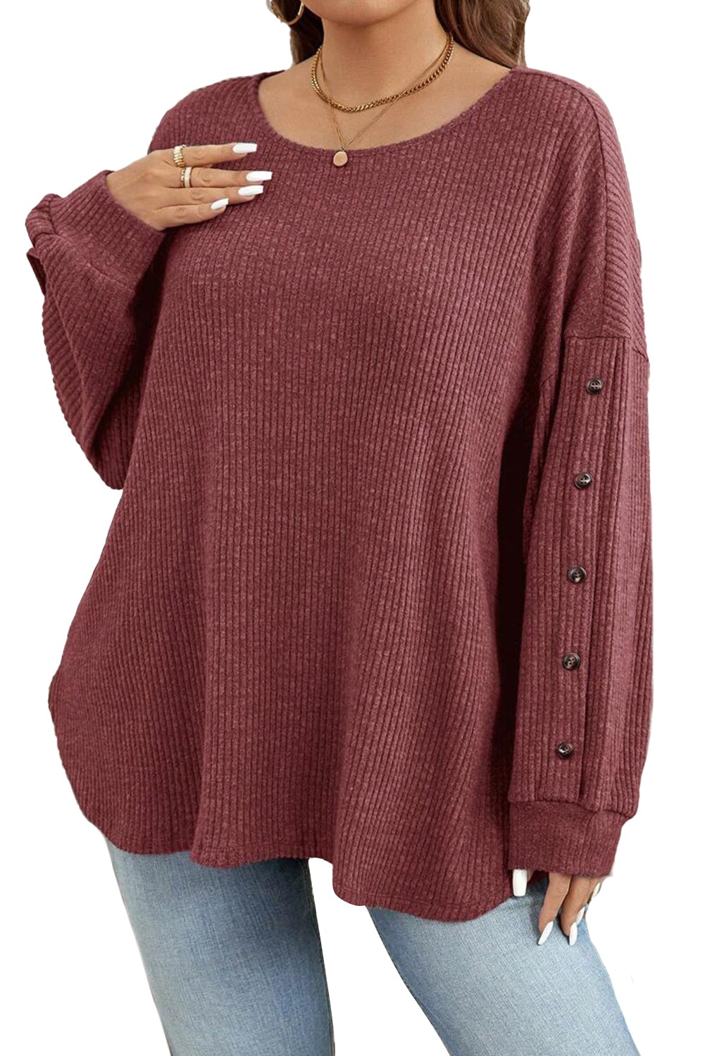 Wild Ginger Plus Size Ribbed Button Decor Long Sleeve Top Plus Size Tops aec736a7cf95ea4e