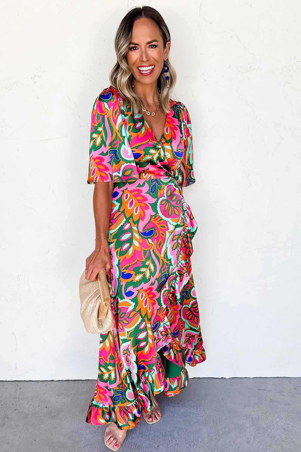 Rose Tropical Plant Print Surplice V Neck Ruffle Hem Maxi Dress Maxi Dresses aee3a0a99bb20ee6