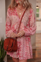 Pink Bohemian Floral Print Tassel Tie Long Sleeve Flowy Mini Dress Short Dresses af1bc946925b6d7a