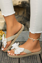 White Stitched Bow Decor Woven Flip Flop Slippers Slides Shoes + Flip Flops af1deb37f40f2270