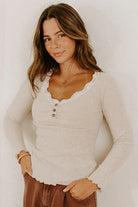 Beige Lace Neckline Button Decor Lettuce Edge Long Sleeve Ribbed Top Long Sleeve Tops af4ce3317b0a7c62