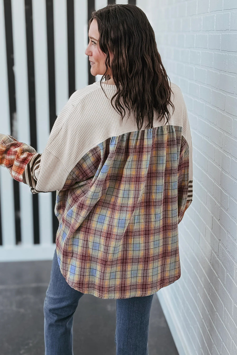 Parchment Plus Size Waffle Striped Plaid Patchwork Henley Pullover Plus Size Tops af5a5072dfe2e26e