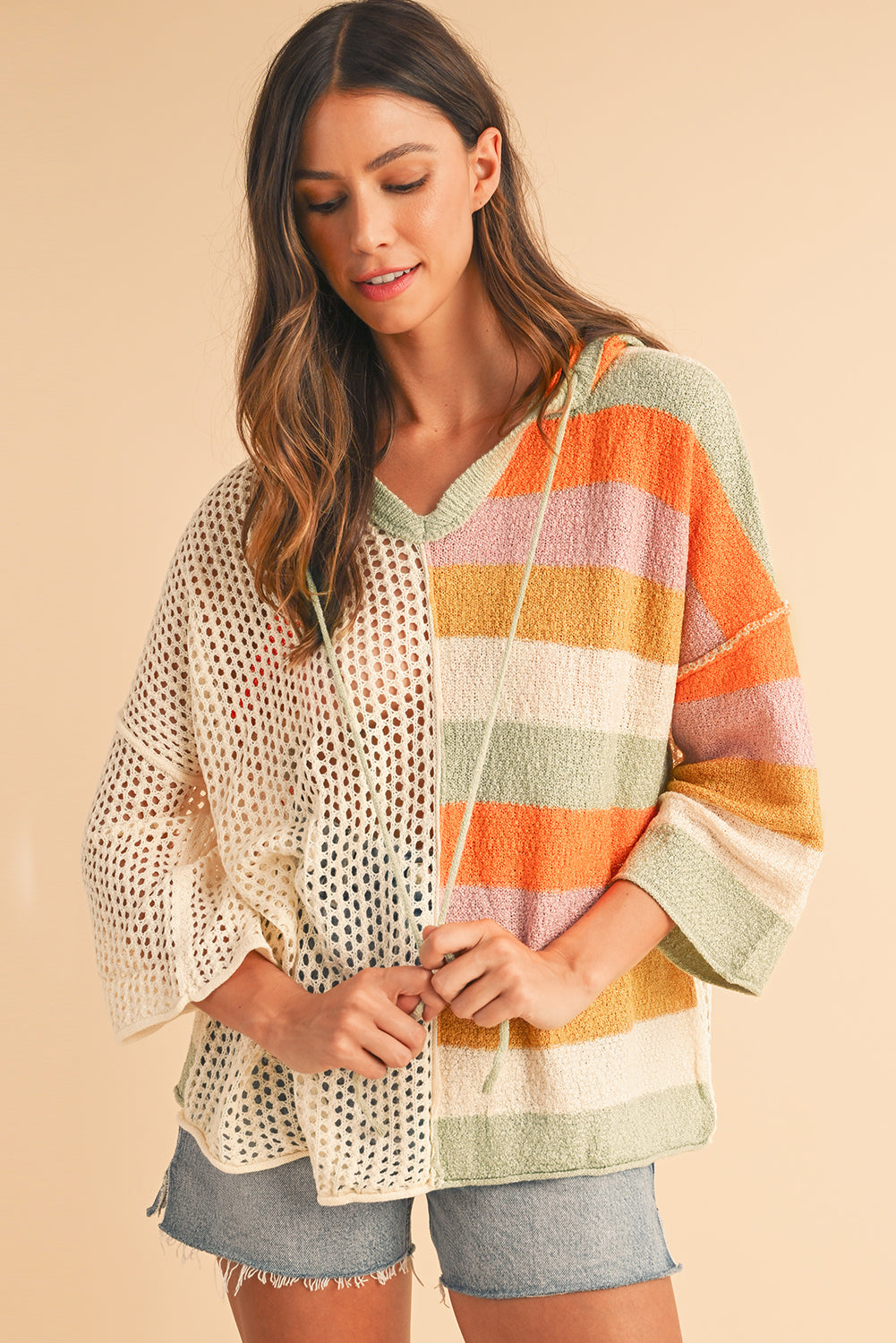 Beige Oversized Colorblock V Neck Hooded Sweater Sweaters af5e0a3b294eab29