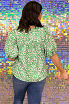 Green Plus Size Leopard Tassel Tie Split Neck Puff Sleeve Blouse Plus Size Tops af7ad5fcc8377956