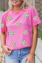 Sachet Pink Peppermint Candy Pattern Sequins Patch Christmas Custom T Shirt Graphic Tees afb5b0ff56550288
