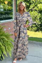 Sky Blue Floral Print Smocked High Waist Long Sleeve Maxi Dress Maxi Dresses afc1b26a7aac72ba