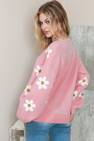 Pink 60s Floral Pattern Drop Shoulder Pullover Knit Sweater Sweaters afe66ee1696e3888