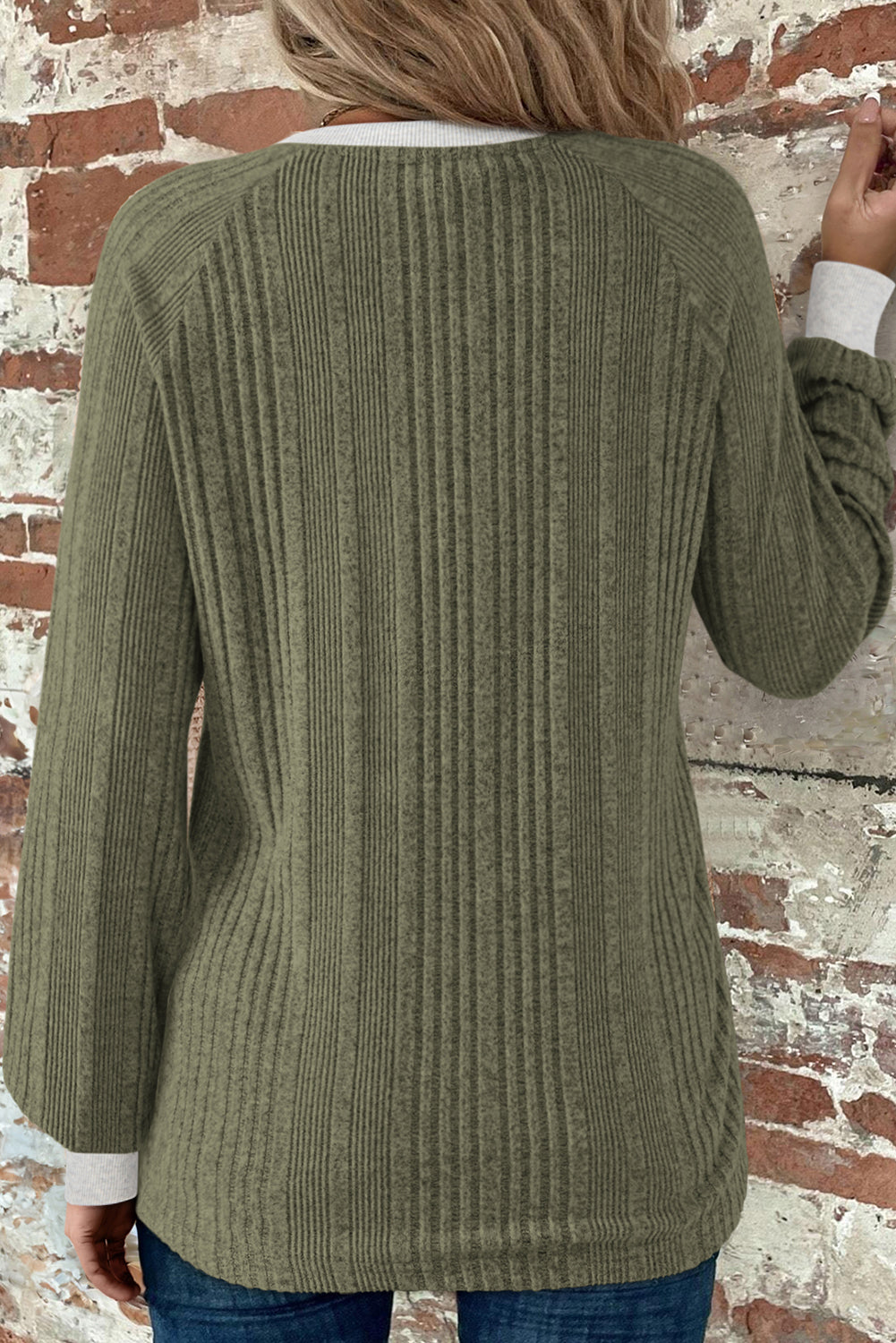 Moss Green Rib Texture Contrast Trim Round Neck Long Sleeve Top T Shirts aff20634629a8662