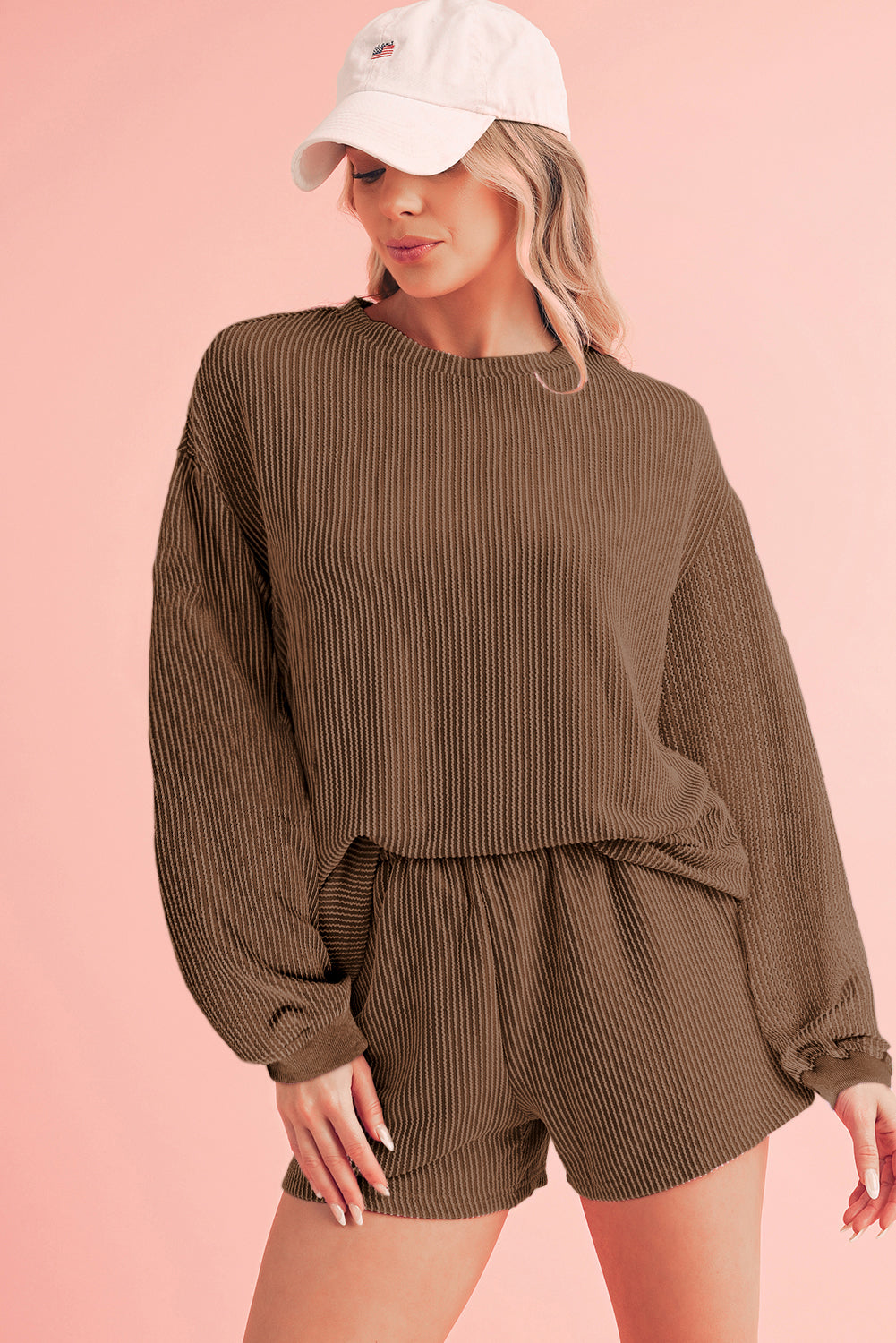 Carbon Grey Corded Long Sleeve Top and High Waist Shorts Set Two Piece Shorts Sets b0041c3d124245c6