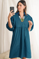 Blue Sapphire Puff Sleeve Pleated Pop of Color Neckline Dress Short Dresses b00d09520fcbd8f2