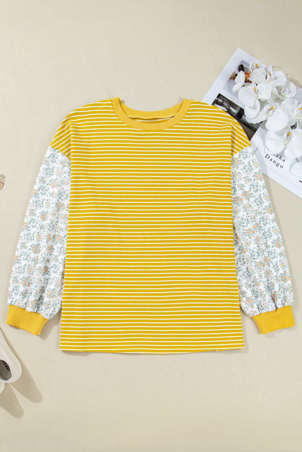 Yellow Striped Floral Patchwork Sleeve Plus Size Loose Top Plus Size Tops b016294ce4531c77