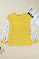 Yellow Striped Floral Patchwork Sleeve Plus Size Loose Top Plus Size Tops b016294ce4531c77