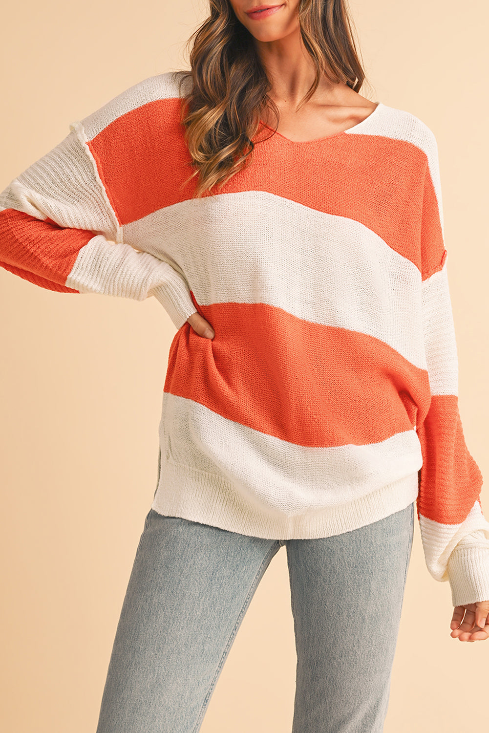 Orange Colorblock V Neck Side Slits Sweater Sweaters b034f6175b9af827