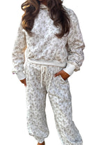 White Ditsy Floral Print Cozy Pullover Drawstring Pants Set Two Piece Pants Sets b037b2e41397216b