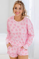 Pink Heart Print Long Sleeve Top and Shorts Loungewear Set Loungewear Set b040ac20f552fbbd