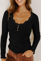Black Lace Neckline Button Decor Lettuce Edge Long Sleeve Ribbed Top Long Sleeve Tops b041a0ace1e861b2