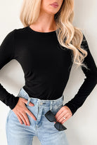 Black Ribbed Long Sleeve Crew Neck Solid Color Bodysuit Bodysuit b049bd67cb459e8a