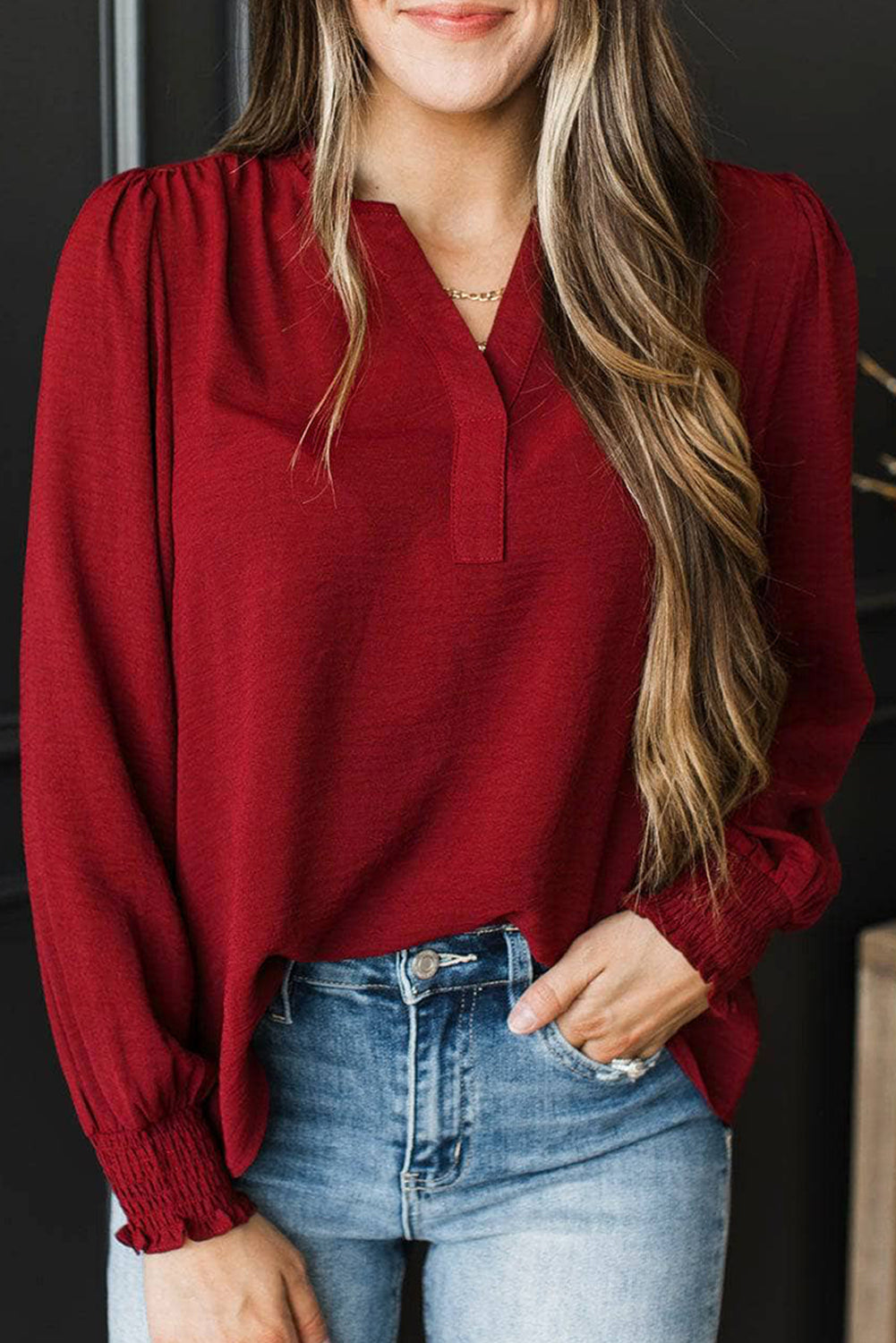 Burgundy Notched Neck Shirred Cuffs Long Sleeve Blouse Blouses b0a204d97bf18fd0
