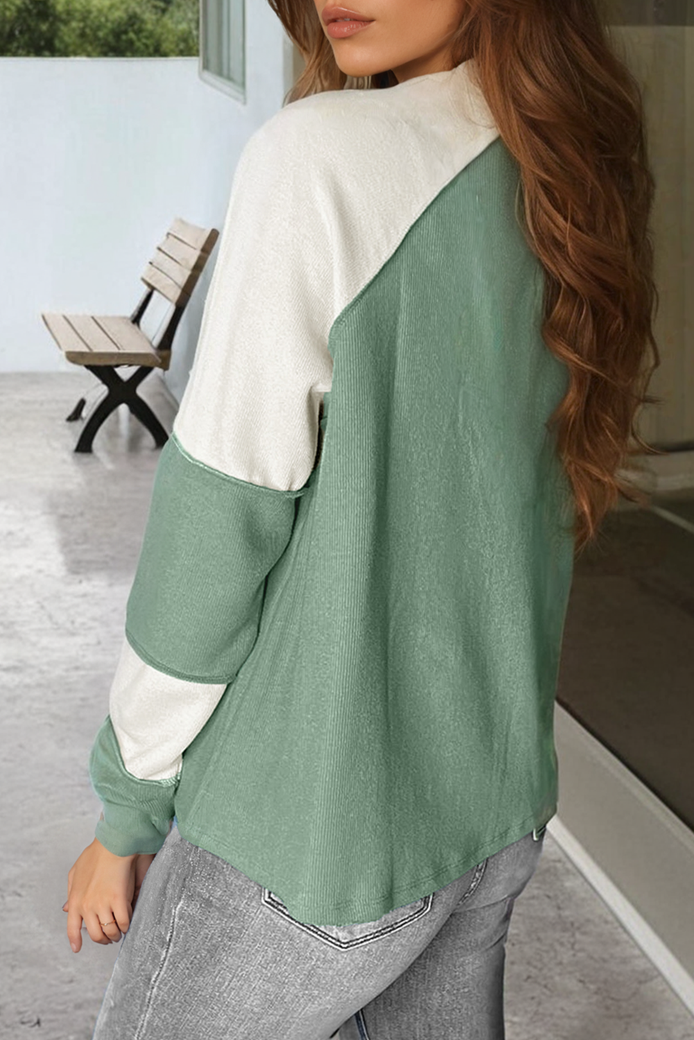 Mint Green Ribbed Colorblock Patchwork Raglan Long Sleeve Top Long Sleeve Tops b0a46142d4089169