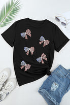 Black Sequined Flag Bowknot Graphic Roll Up Sleeve T Shirt Graphic Tees b0bef00a4edab2c4