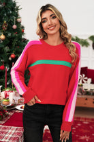 Fiery Red Colorblock Striped Long Sleeve Knit Sweater Sweaters b0d58bca634ec512