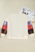 Beige Plus Size Plaid Patchwork Sleeve Pullover Top Plus Size Tops b0ecaa887804bd59