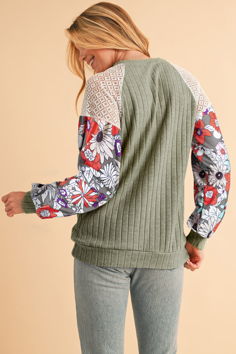 Laurel Green Floral Patchwork Raglan Sleeve Ribbed Blouse Long Sleeve Tops b0f3fcc59559b0a9