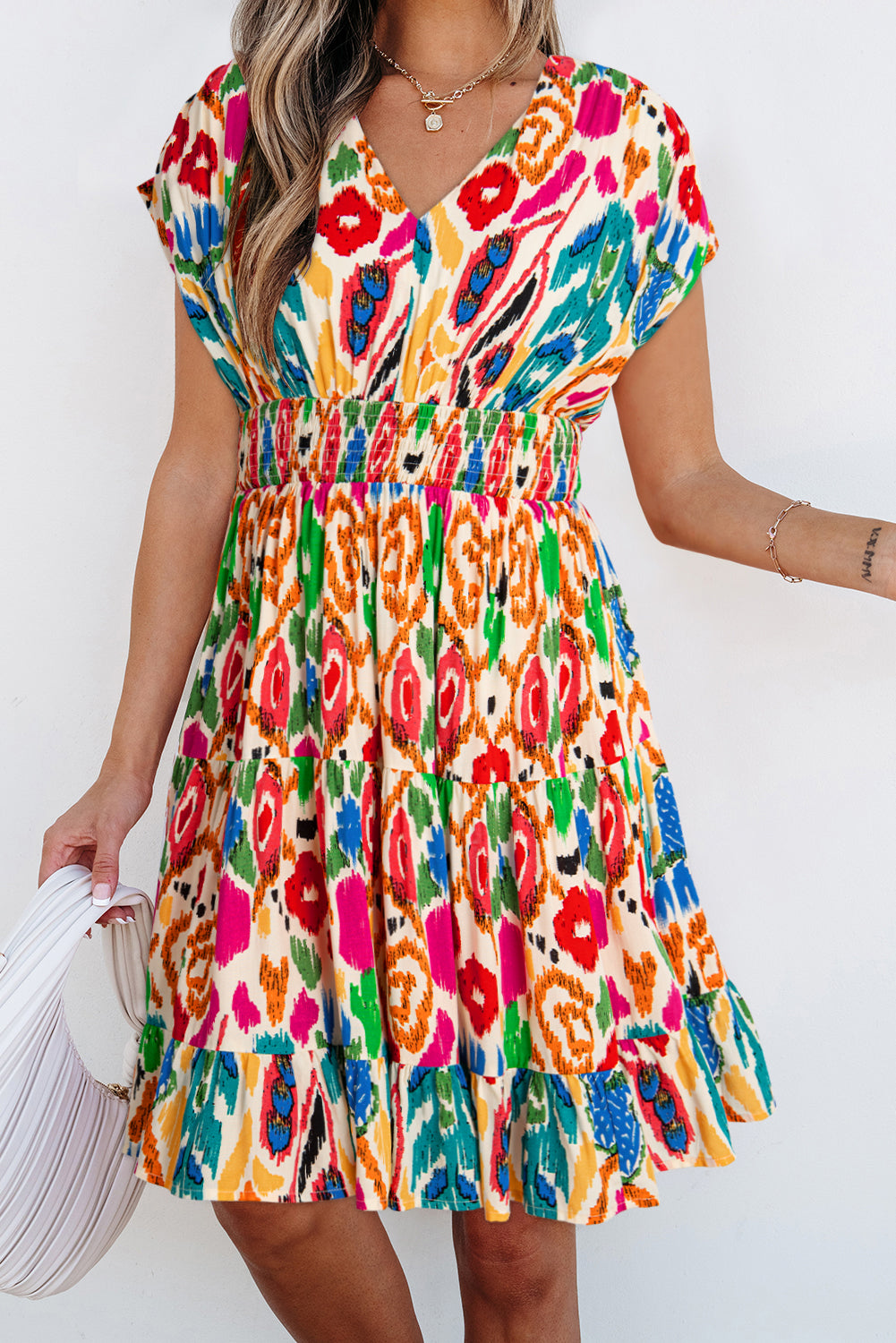 Sky Blue Abstract Print V Neck Dolman Sleeve Ruffle Tiered Mini Dress Short Dresses b0fc7d77391af1c0