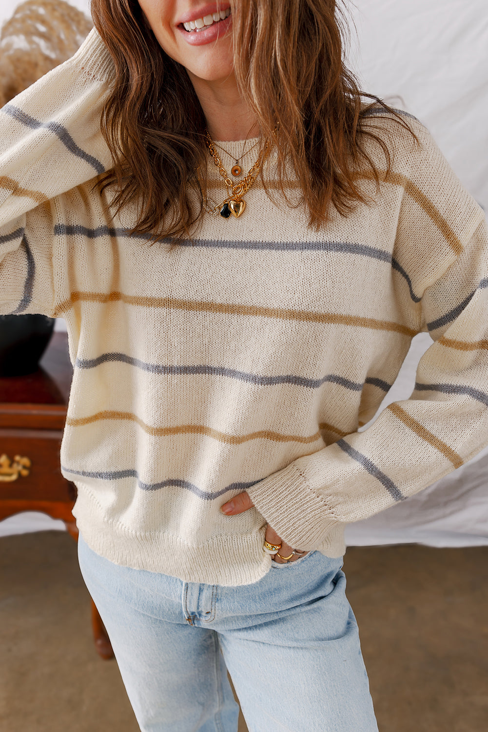 Brown Striped Ribbed Edge Drop Shoulder Sweater Sweaters b10e51d7ee62a67c
