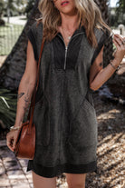 Bonbon Zipped Collar Cap Sleeve Pocketed Sweatshirt Dress Short Dresses b1394a6c7cb6df28