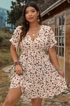 Beige Abstract Print Surplice V Neck Cuffed Sleeve Empire Waist Plus Size Dress Plus Size Dresses b13a92424e28c4cb