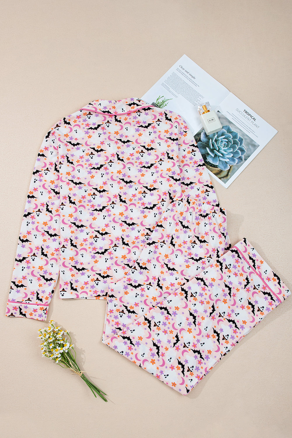 Pink Cute Floral Halloween Ghost Print Long Pajama Set Loungewear Set b14878ae182f4ffd