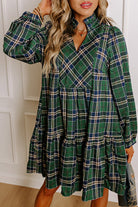 Green Plaid Print Frill Neck Long Sleeve Mini Dress Short Dresses b177b432ac375a57