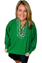 Green Plus Size Contrast Leopard Trim Split Neck Puff Sleeve Blouse Plus Size Tops b1ada8c7e6e2ec3d