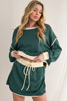 Evergreen Contrast Trim Loose Pullover and Lace-up Waist Skort Set Two Piece Shorts Sets b1d2d874a0264fa2