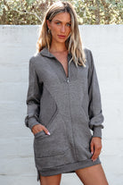Dark Grey Zip up Collared Ribbed Patchwork Sweatshirt Dress with Pockets Mini Dresses b1da67a6fcd089c6