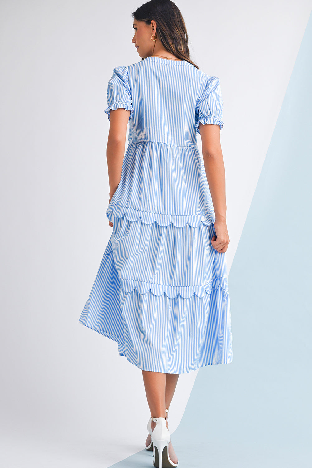 Sky Blue Stripe Bubble Sleeve Scallop Tiered Dress Maxi Dresses b2051b832d1cabde