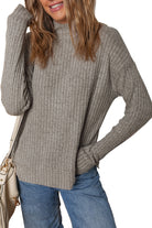 Gray Morn Ribbed High Neck Knitted Pullover Top Long Sleeve Tops b2074ff3ef68e873