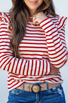 Red Striped Ruffle Shoulder Long Sleeve Top Long Sleeve Tops b220ddb5d1a3a90c