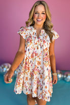 Apricot Floral Print Ruffled Trim Flutter Sleeve Mini Dress Short Dresses b249741bf32ddbcb