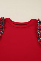Racing Red Plaid Pearl Ruffled Sleeve Knitted Christmas Holiday Plus Size Top Plus Size Tops b2500ef4b936f431