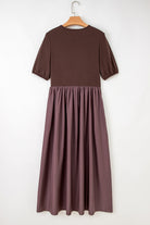 Coffee Knit Top Patchwork Pleated Half Sleeve Long Dress Maxi Dresses b25fbd62b09bef2b