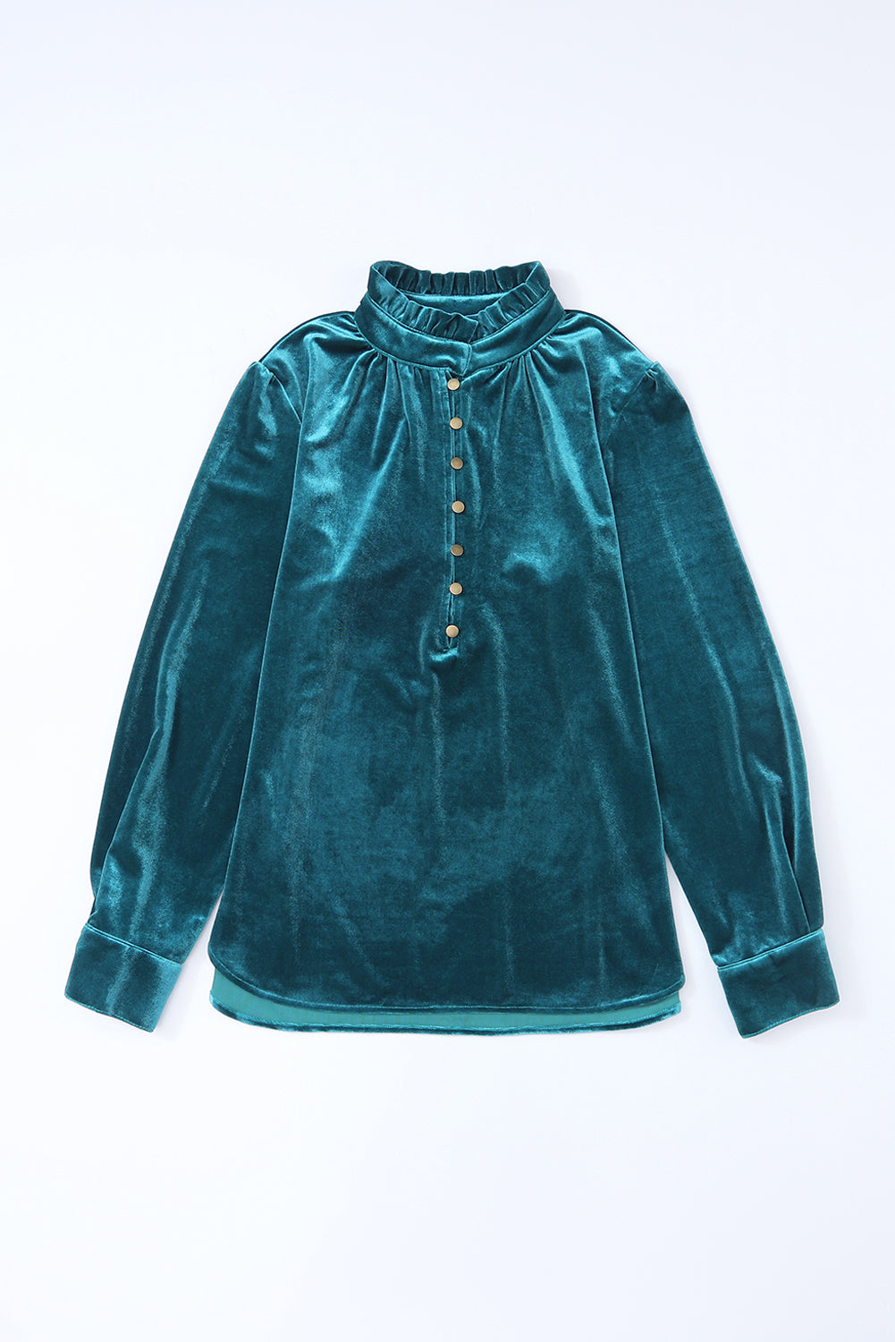 Green Frilled Neck Buttoned Front Velvet Top Long Sleeve Tops b27921f562402e75