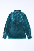 Green Frilled Neck Buttoned Front Velvet Top Long Sleeve Tops b27921f562402e75